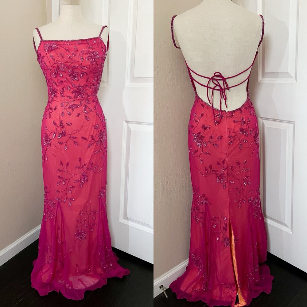 VTG Cache Beaded Dress Gown XS Hot Pink Orange Y2K Silk Formal 90s Prom Mermaid